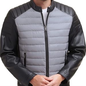 DKNY Men's Mixed Media Faux Leather Puffer Motocros Racer Jacket